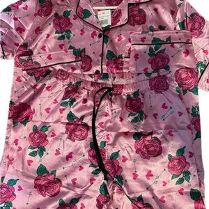 Satin Rose Print Pajama Set - Pink